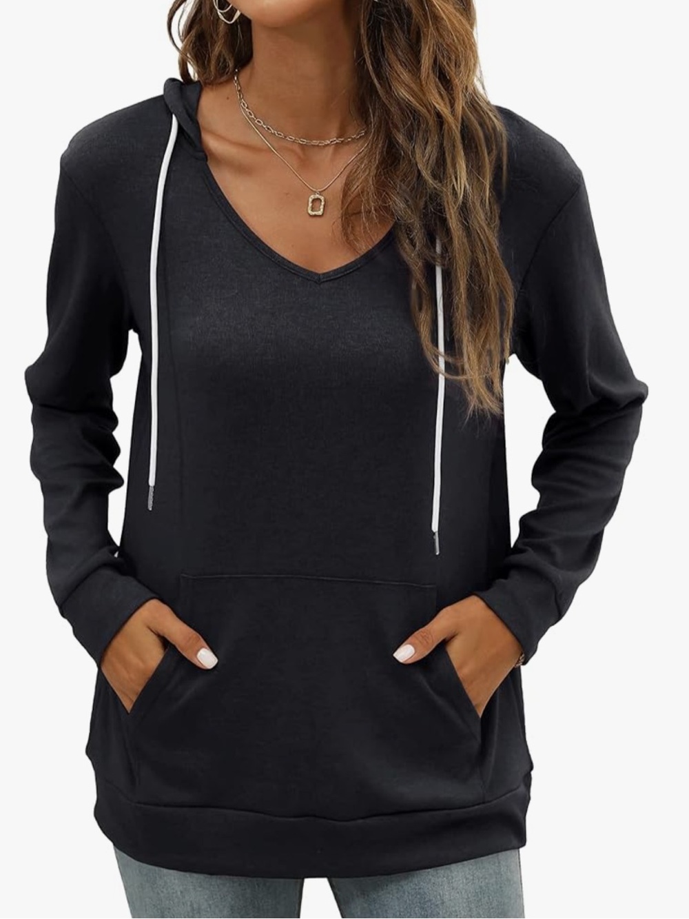 Saloogoe Kangaroo Pocket V Neck Lightweight Sweatshirt